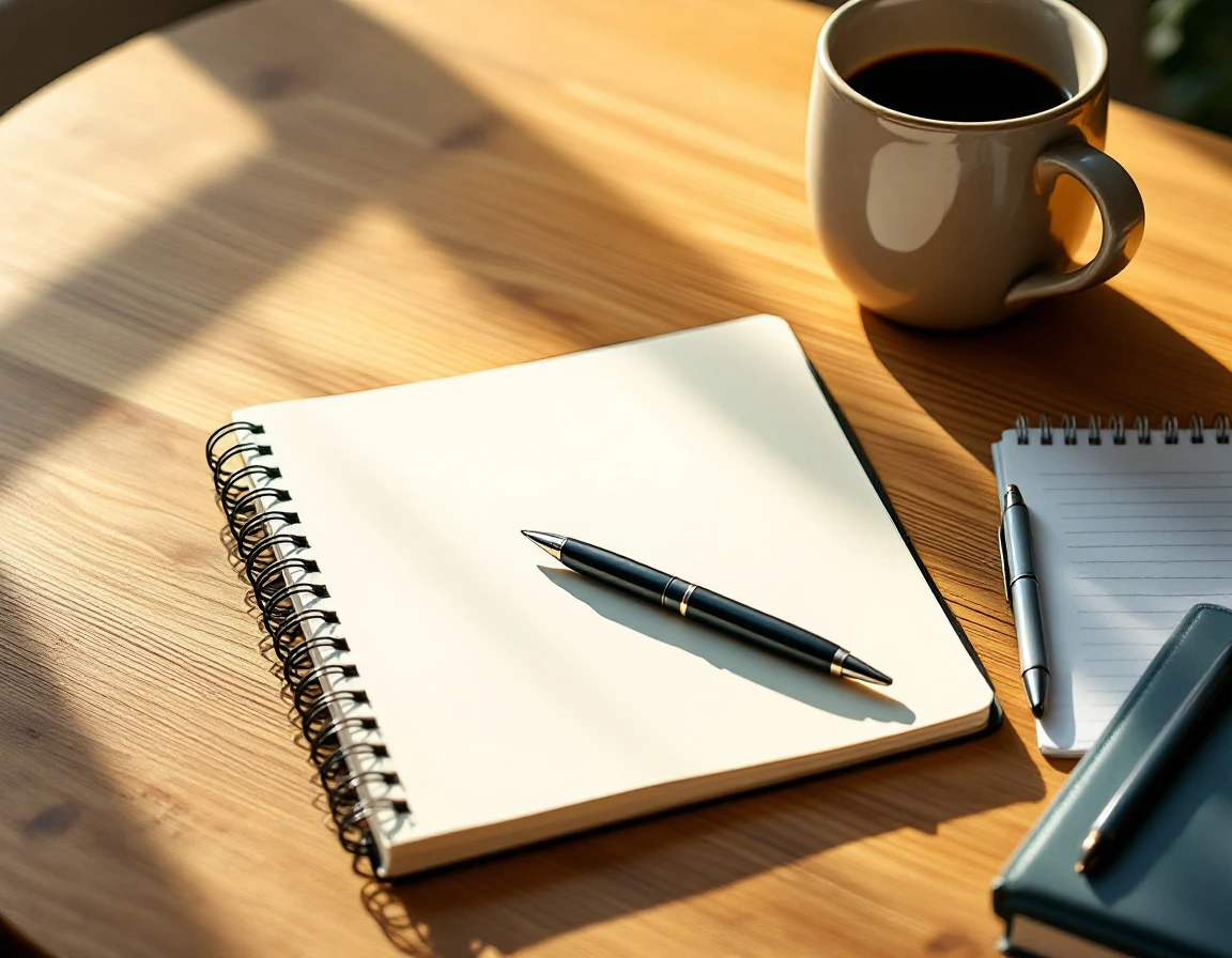 Organized desk workspace with blank notebook, pen, and coffee mug suggesting tax planning preparation