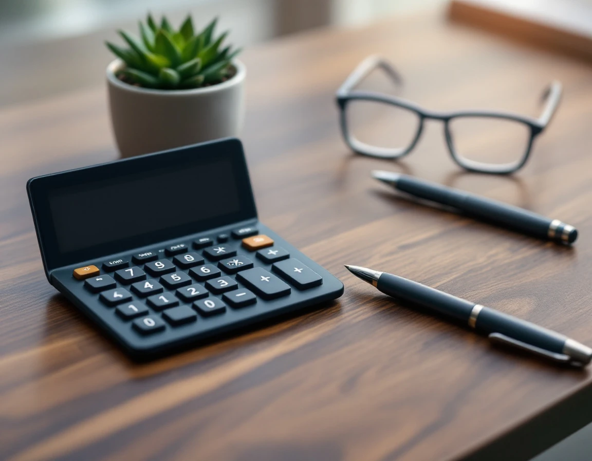 Modern calculator with blank display, reading glasses, and pen arranged on wooden office desk