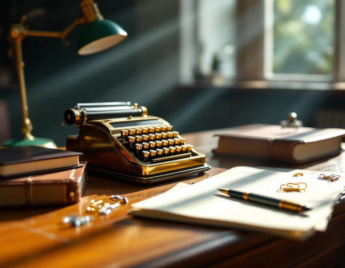 Vintage brass adding machine with leather ledger books and fountain pen on wooden desk in natural sunlight