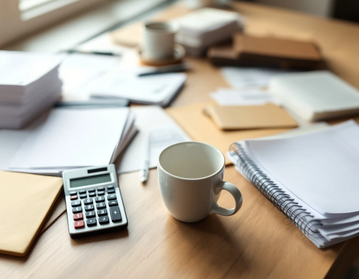 Desk with calculator, blank papers, and coffee mug representing small business payroll compliance work
