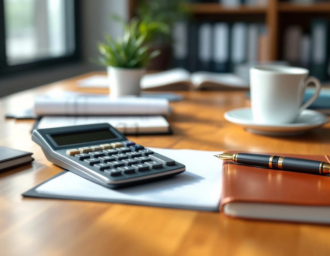 Office desk with calculator and workspace essentials for payroll compliance processing