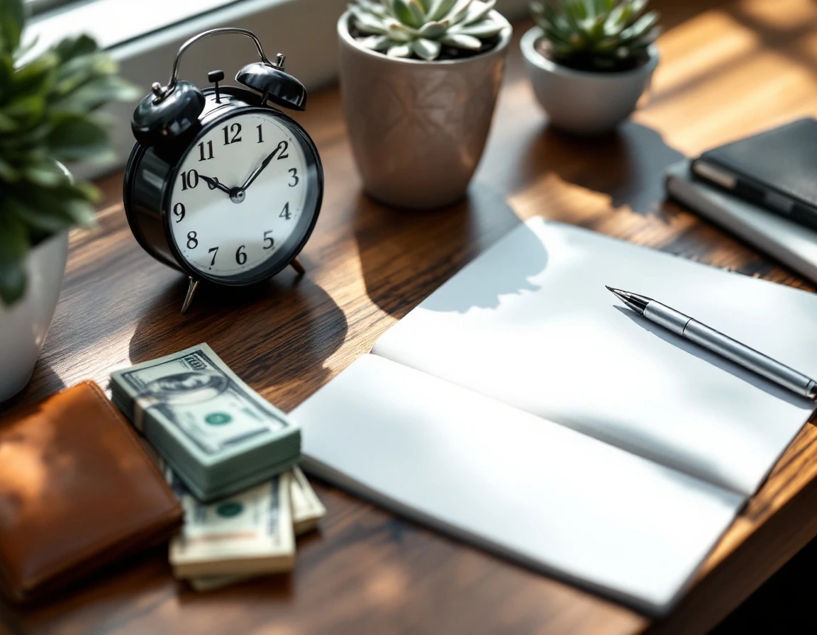 Stacks of currency and blank clock on wooden desk representing different payroll timing schedules