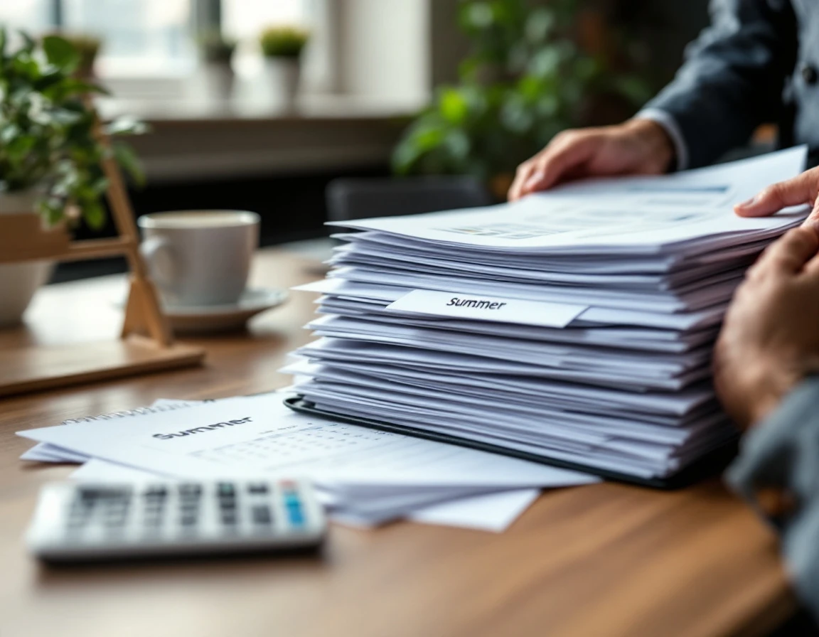 HR manager's hands reviewing blurred employment documents and scheduling materials on office desk