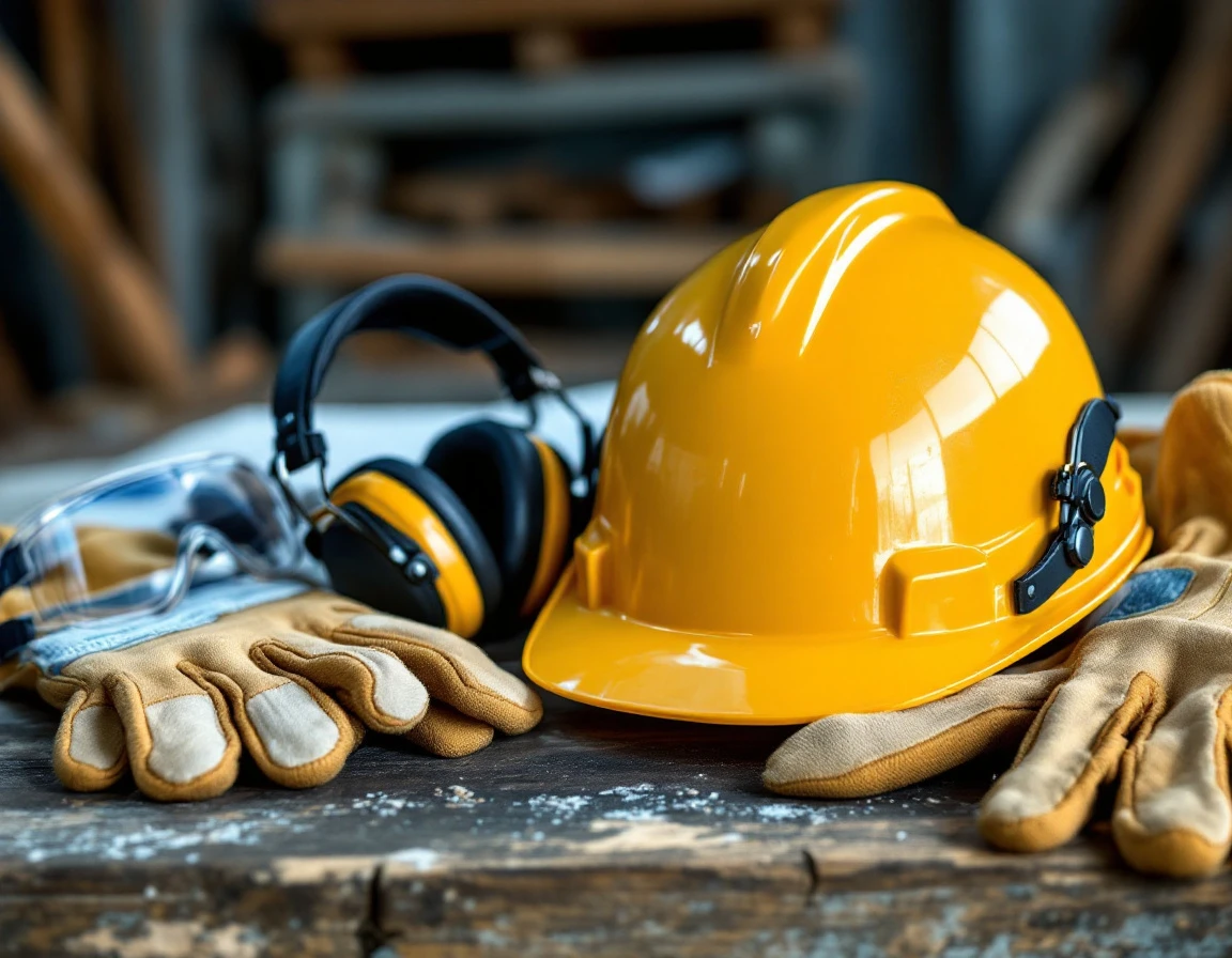 Yellow hard hat with safety goggles, earmuffs, and work gloves arranged on construction workbench