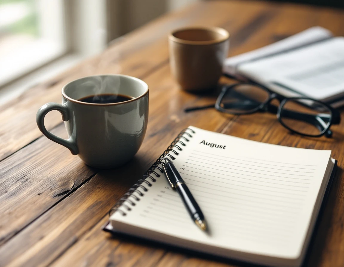 Wooden desk with open planner, pen, coffee mug, and reading glasses during August tax deadline season
