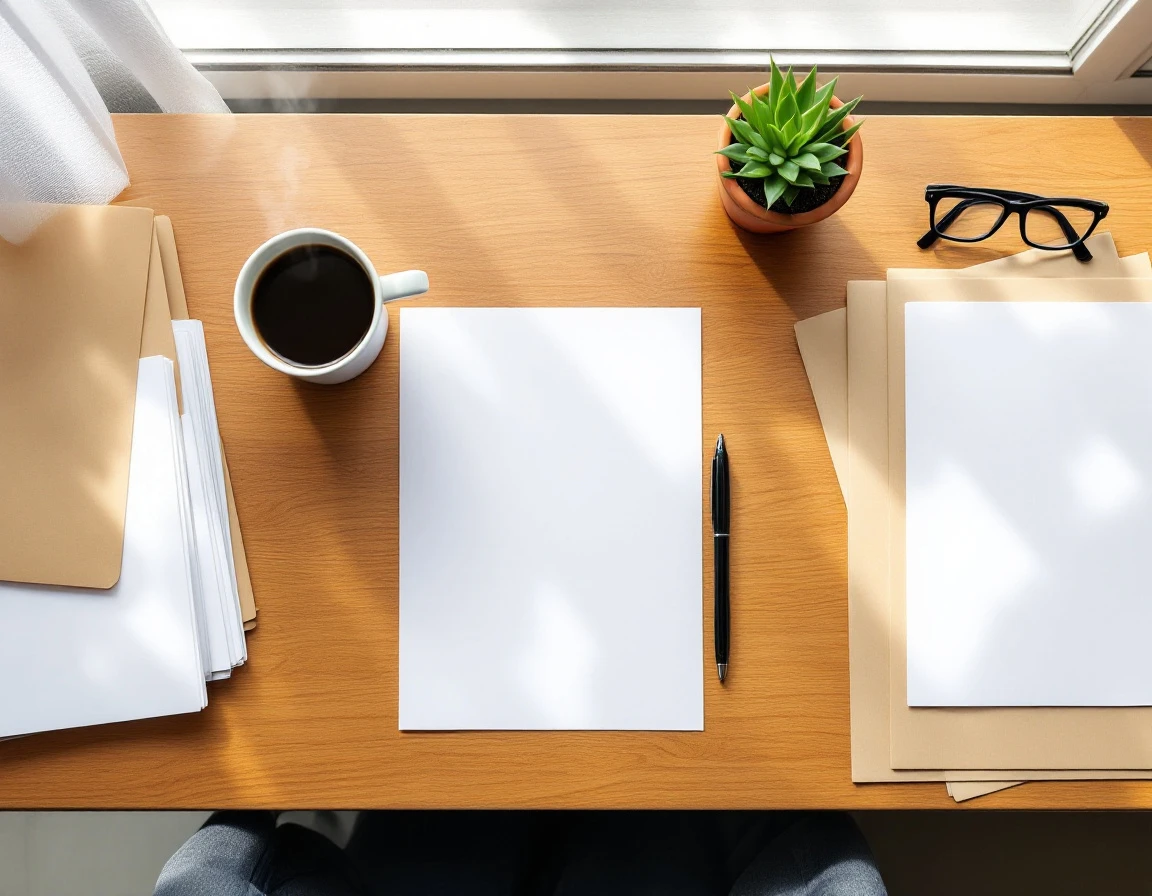 Clean desk with office supplies, coffee, and blank papers arranged for tax filing preparation