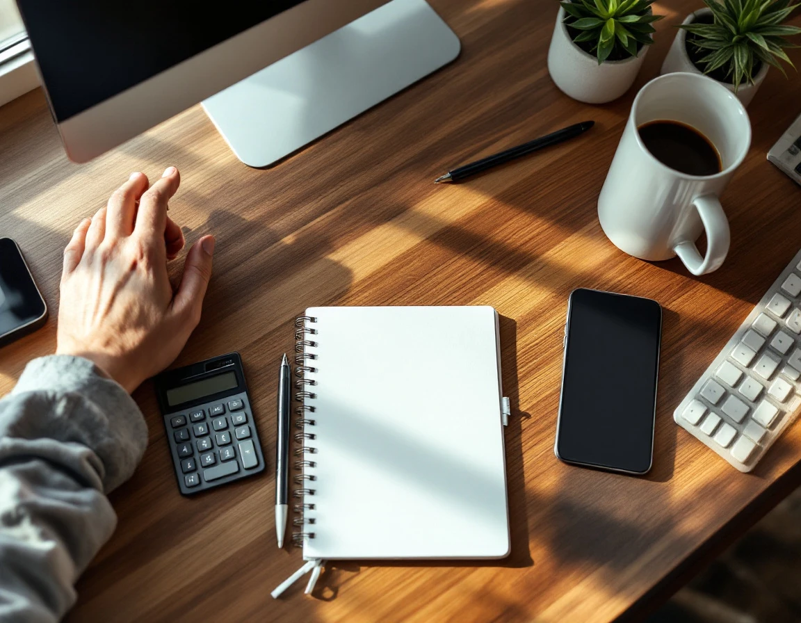 Organized desk workspace with calendar, calculator, and planning materials for managing payroll deadlines