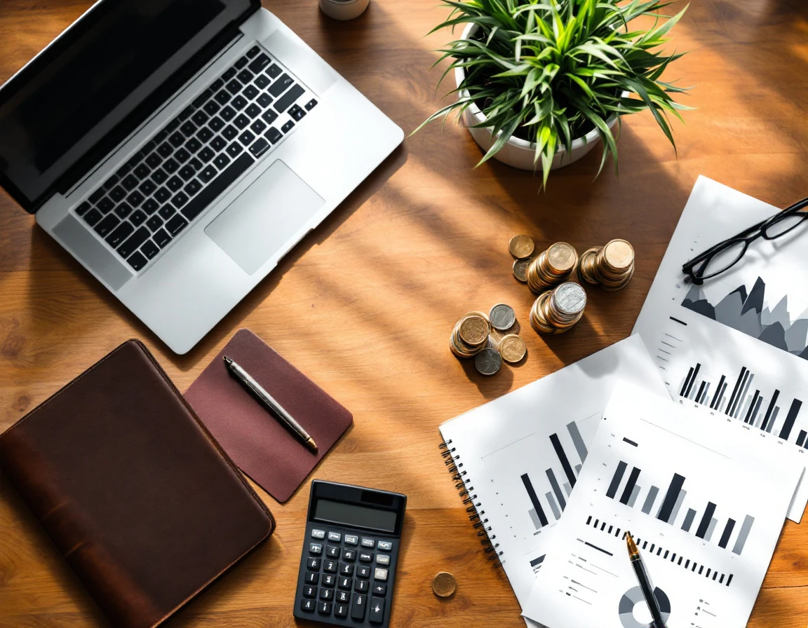 Desk workspace with laptop, calculator, coins, and abstract financial charts for payroll verification