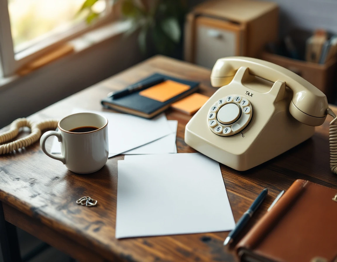 Vintage rotary phone and coffee mug on small business owner's desk surrounded by tax paperwork during IRS delays