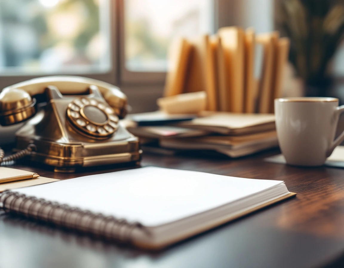 Vintage rotary telephone and blank notebook on wooden desk representing tax compliance preparation workspace