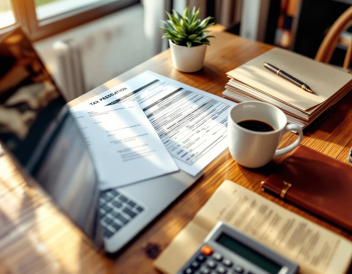 Organized workspace with tax documents, laptop, and office supplies arranged on wooden desk