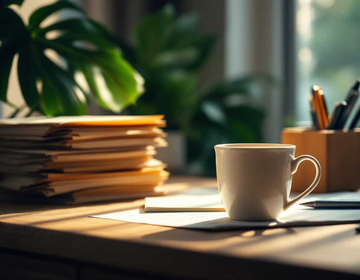 Organized desk workspace with coffee mug, file folders, and office supplies in warm natural lighting