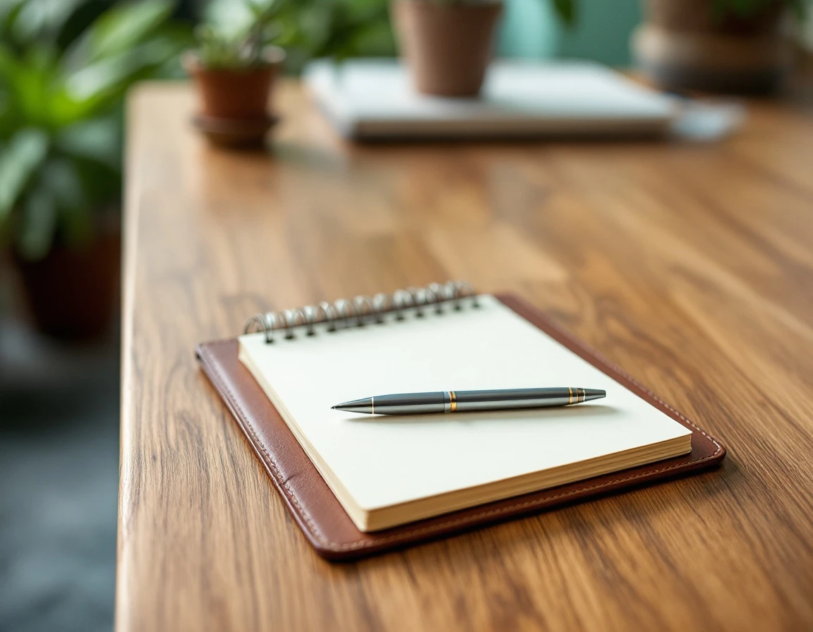 Blank notepad and pen on wooden desk in modern office setting