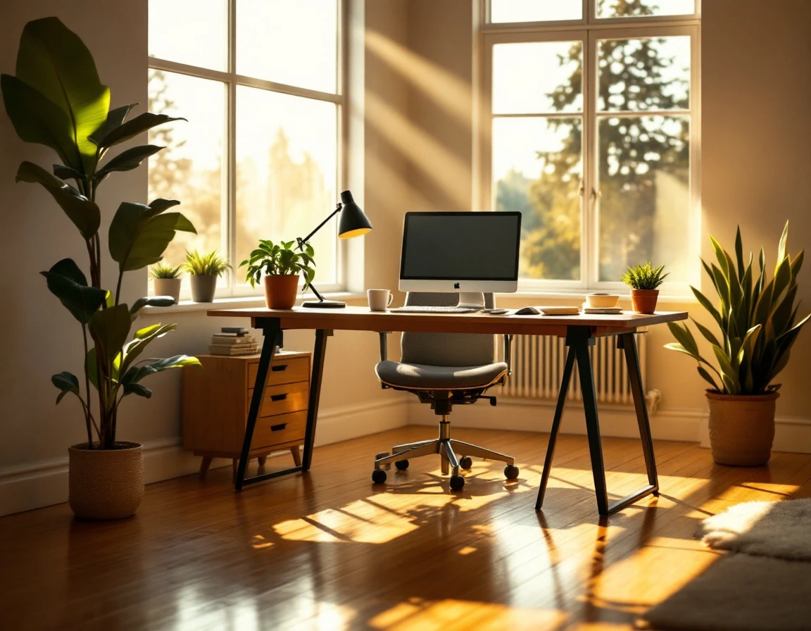 Organized small business office workspace with natural lighting and ergonomic furniture