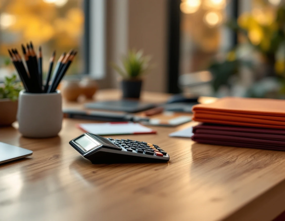 Organized desk with calculator and autumn-colored office supplies in warm natural lighting