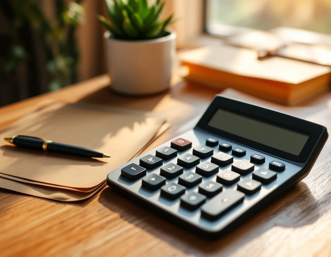 Calculator and filing folder on wooden desk with succulent plant for small business tax preparation