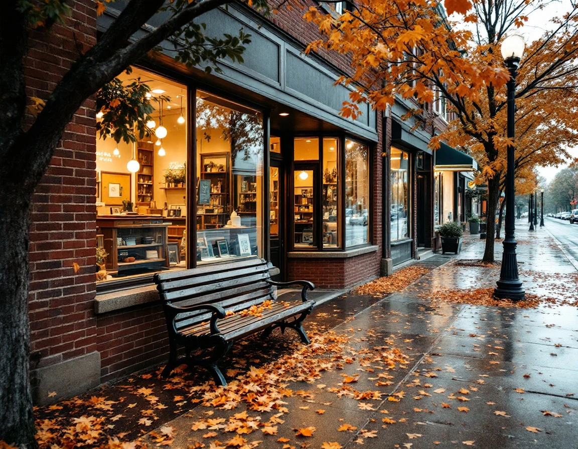 Small business storefront on autumn street with fallen leaves and soft natural lighting