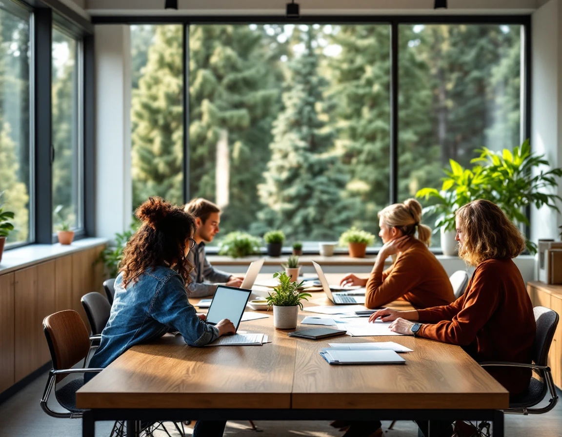 Team meeting in modern office workspace reviewing employee benefits materials with natural lighting
