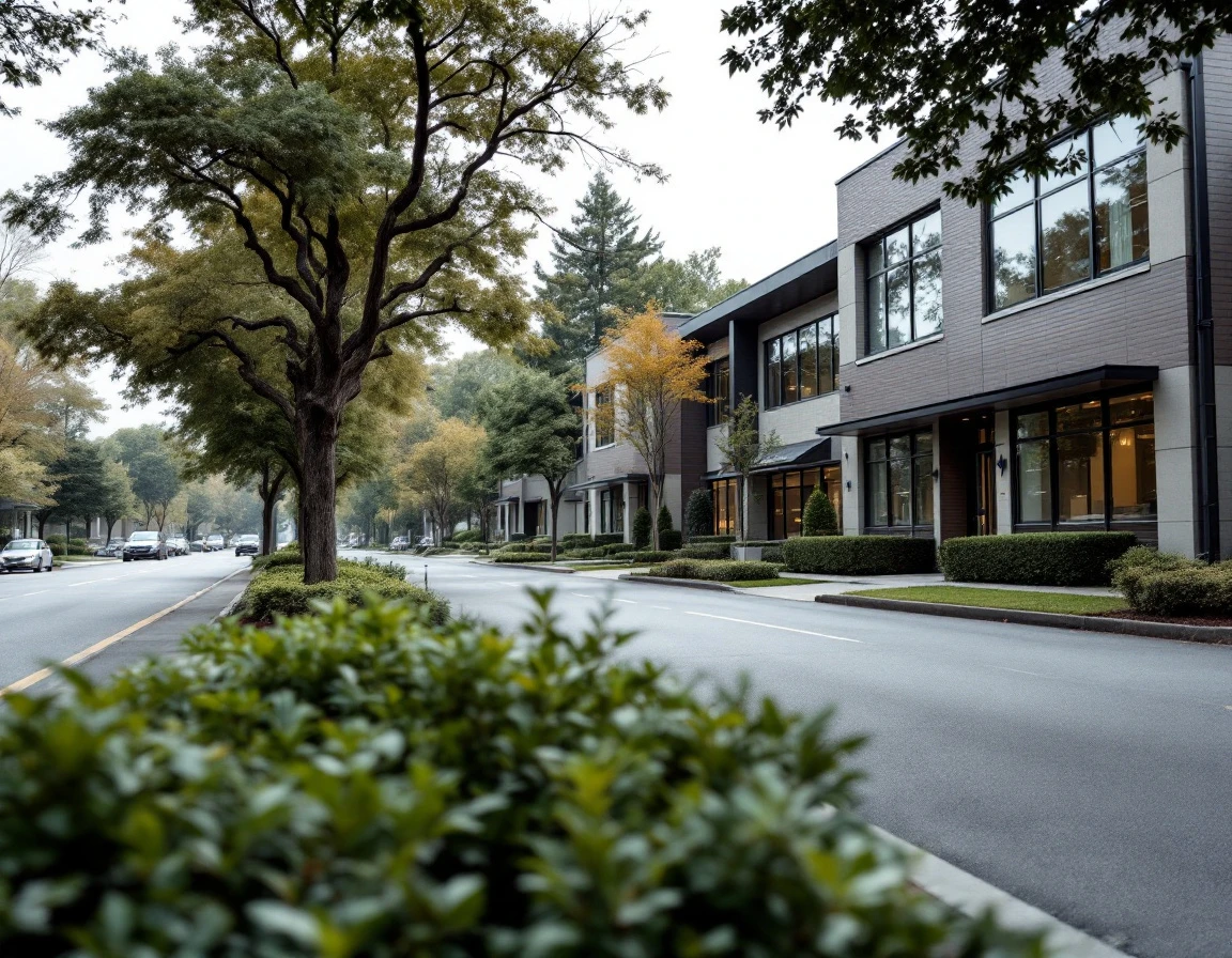 Professional office district with contemporary buildings and landscaped walkways in compliance-focused business area