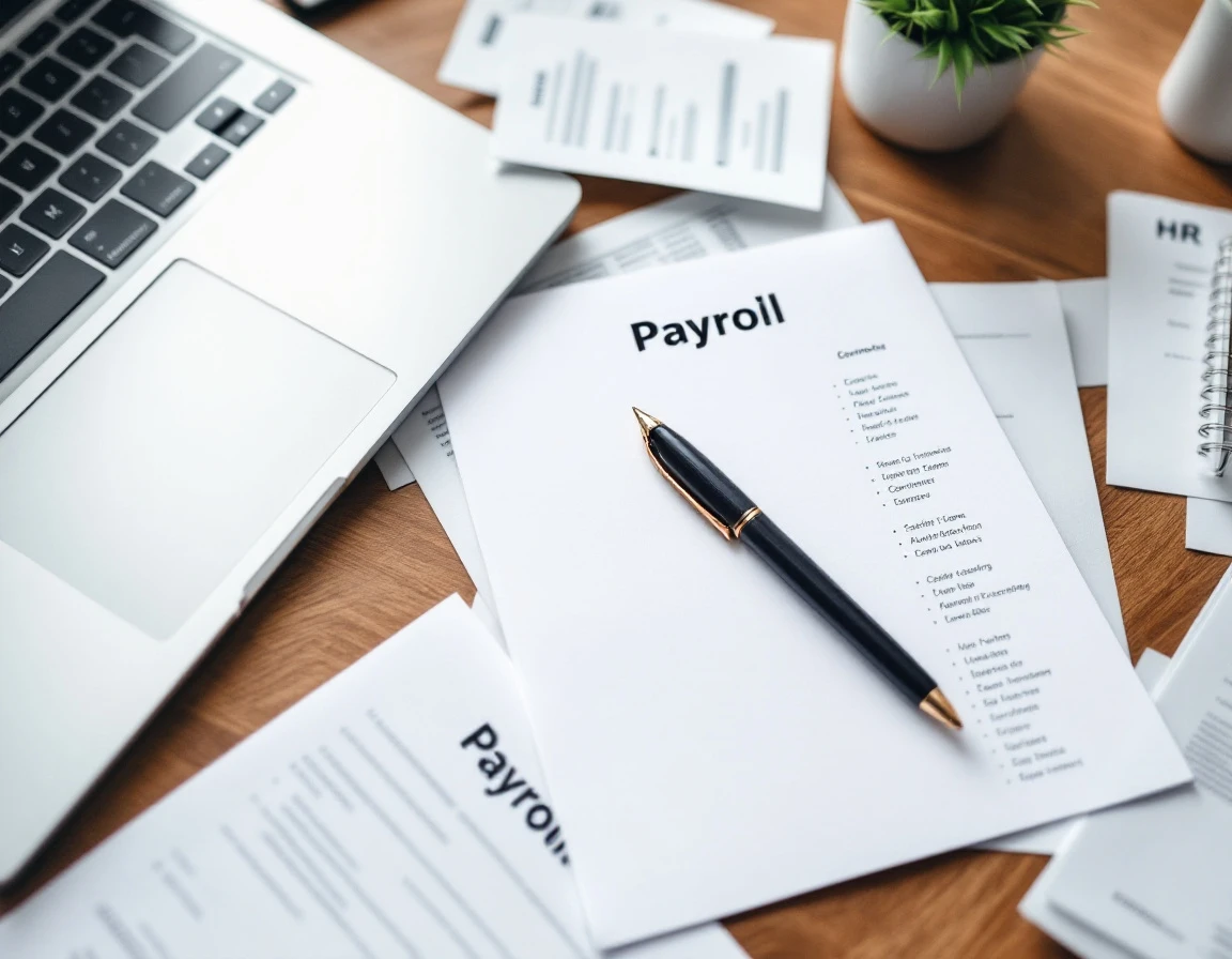 Payroll documents and laptop on office desk showing unorganized employee records