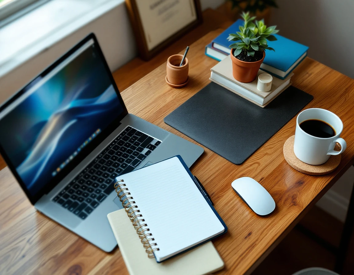 Modern home office desk with laptop, planner, and coffee cup in warm natural lighting