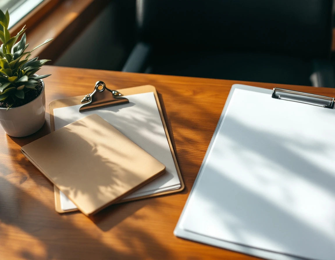 Overhead view of organized desk with blank forms and folders representing payroll compliance documentation workflow