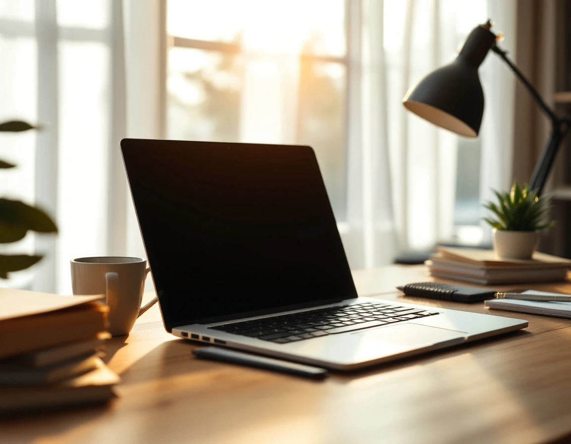 Organized small business workspace with laptop and folders in natural afternoon light
