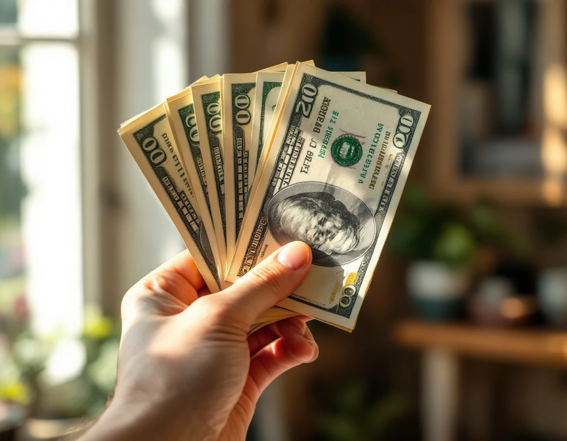 Hands holding twenty-dollar bills in natural window light showing realistic paper currency texture