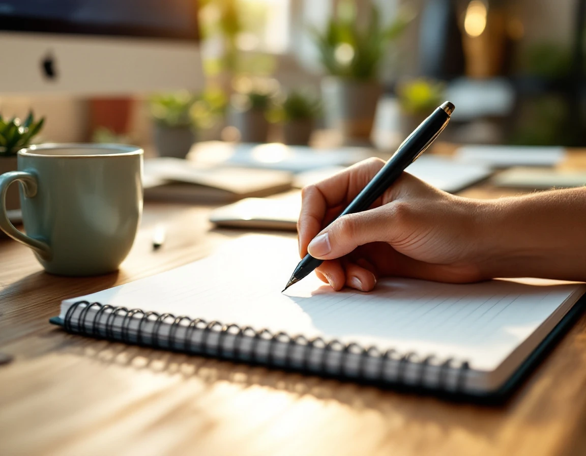 Hand writing in blank notepad on office desk with ceramic mug and computer in workspace setting