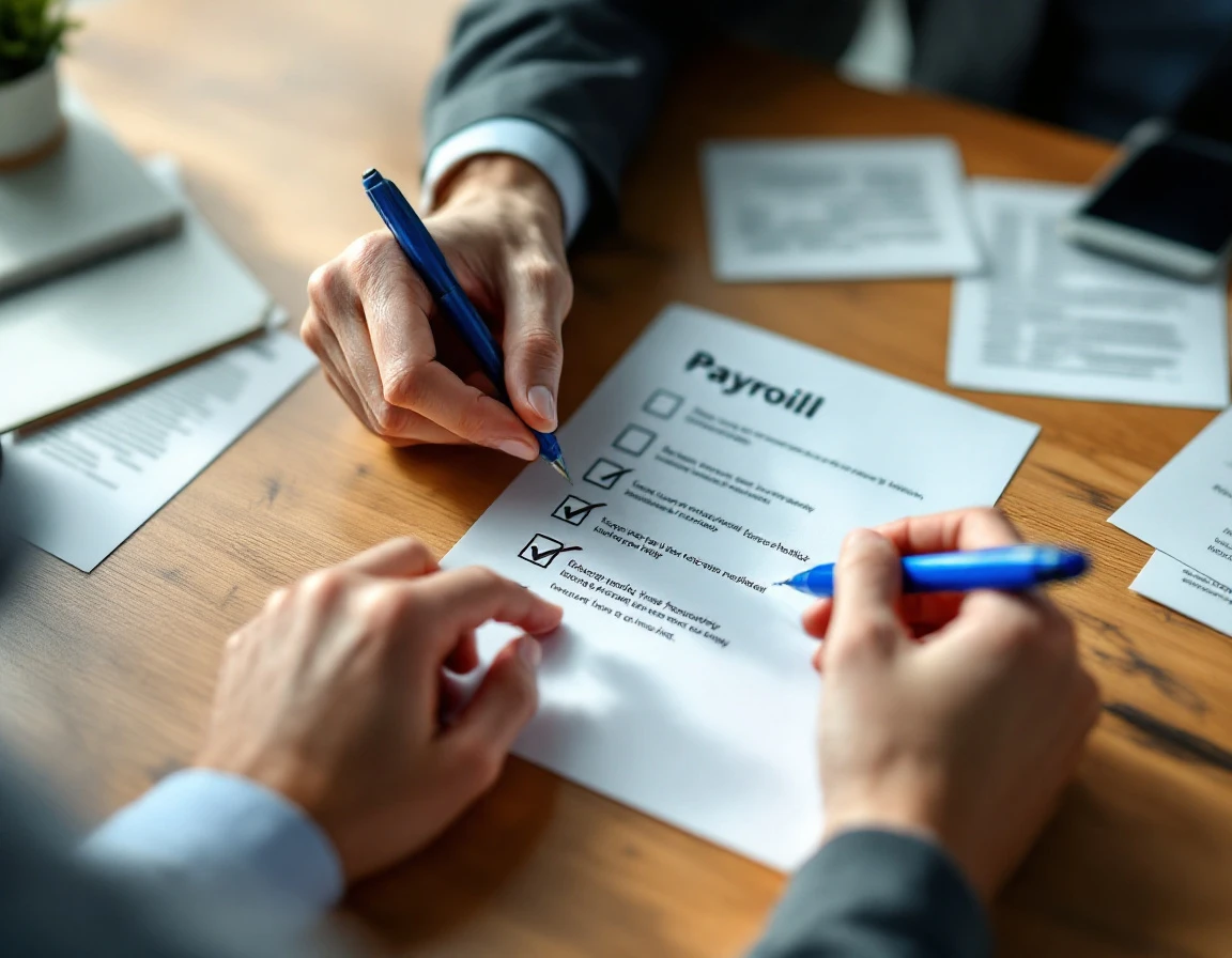 Hands reviewing a payroll verification checklist with checkmarks on a wooden desk
