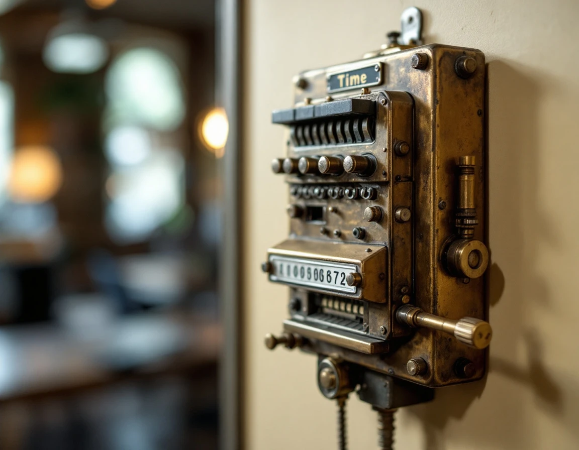Mechanical time clock mechanism showing punch card slots in workplace setting