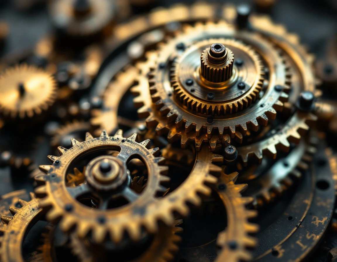Vintage brass clockwork gears and mechanical timekeeping components in close-up detail