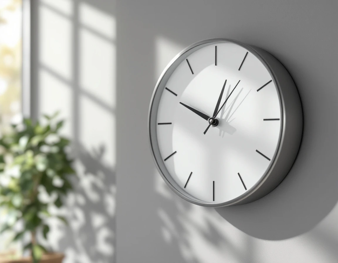 Analog wall clock in modern office with natural lighting showing afternoon time