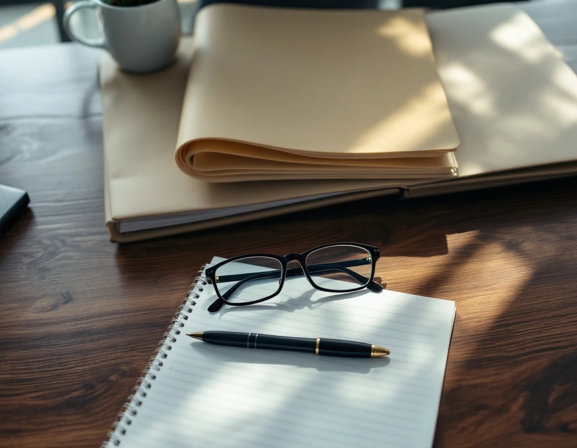 Closed personnel folder on desk with pen and glasses suggesting careful termination documentation