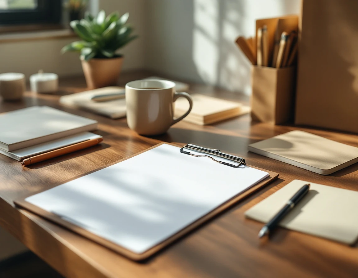 Organized wooden desk workspace with clipboard, pen, coffee mug, and succulent plant in natural lighting