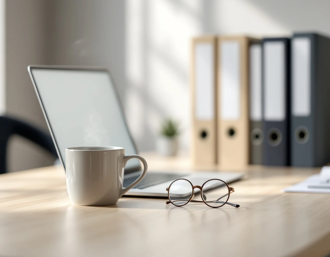 Clean office desk with laptop, glasses, and coffee mug in professional HR compliance workspace