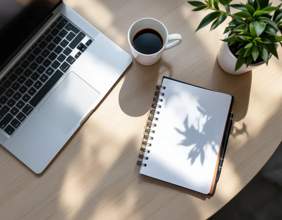 Organized desk workspace with closed laptop, coffee, notebook, and succulent plant for year-end compliance planning
