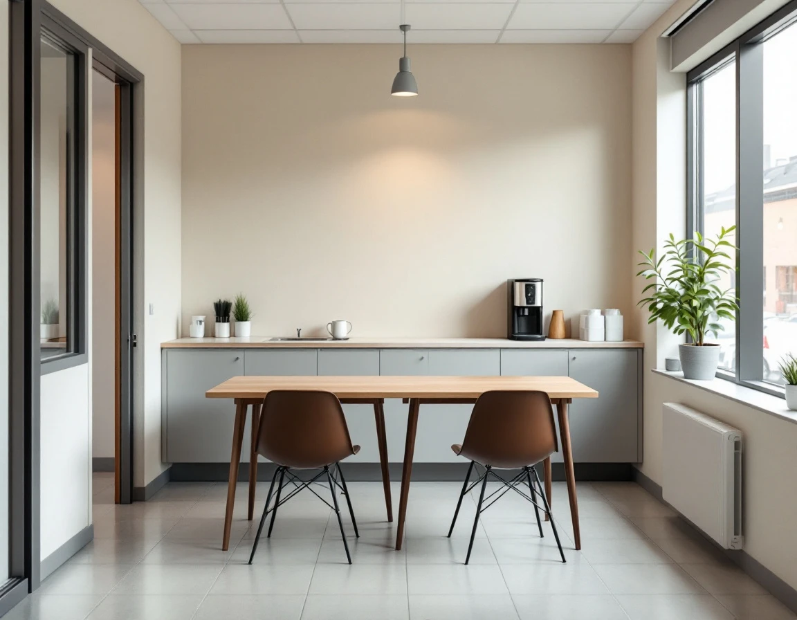 Small business employee break room with table, chairs, and basic kitchenette amenities