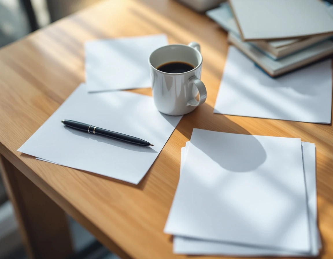Wooden desk workspace with blank papers, coffee mug, and pen for HR compliance policy review