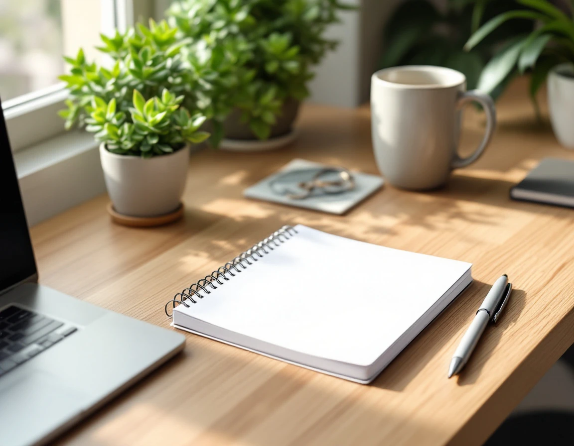 Blank spiral notebook on wooden desk with laptop, coffee mug, and succulent plant in natural workspace lighting