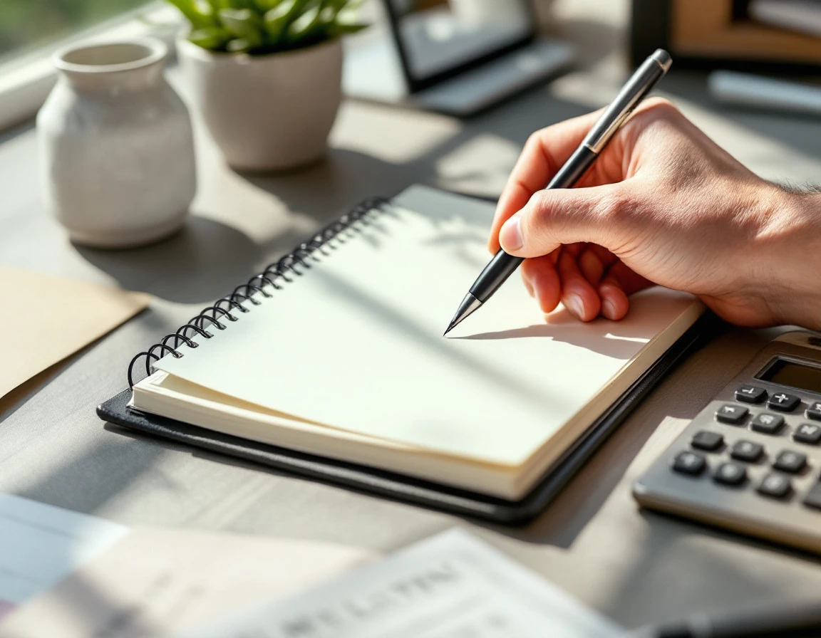 Organized desk with notebook, calculator, and pen showing business planning workspace for payroll management