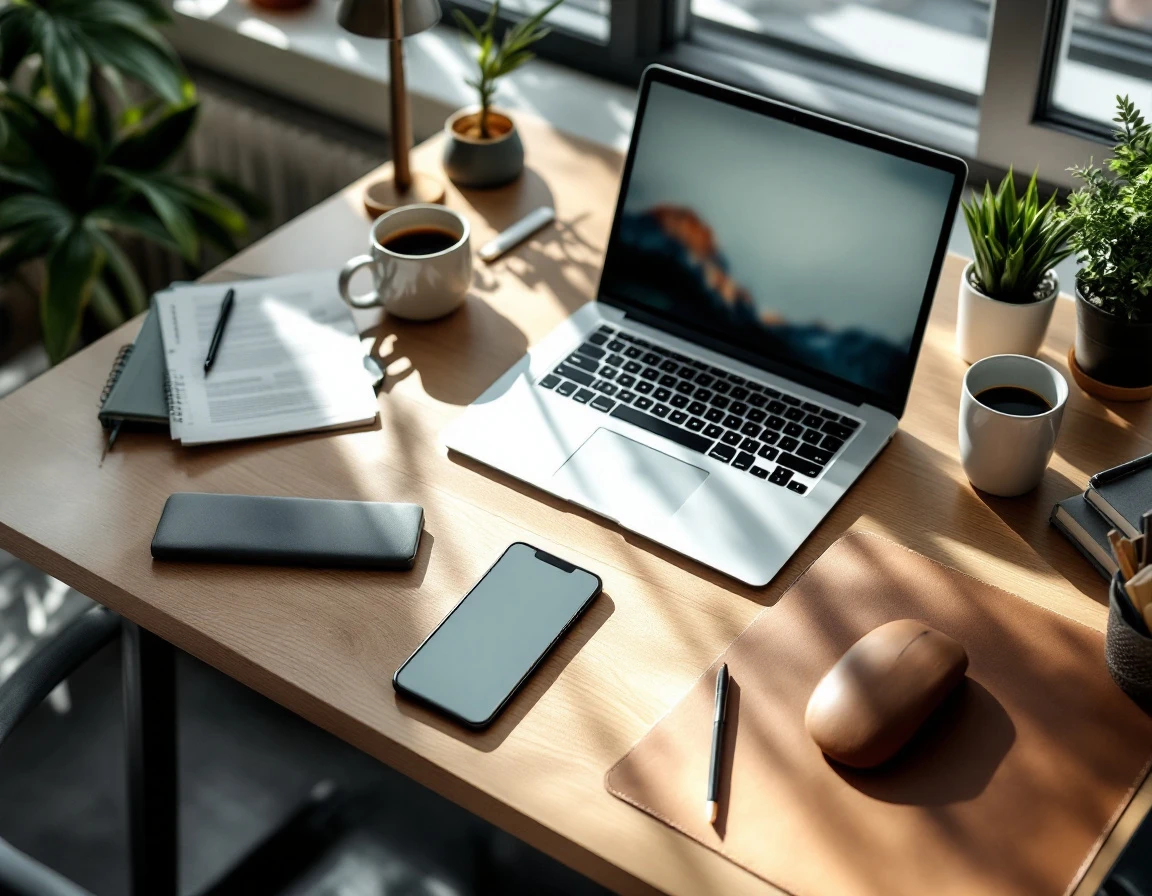 Modern small business owner's desk with laptop, coffee, and organized office supplies in natural morning light