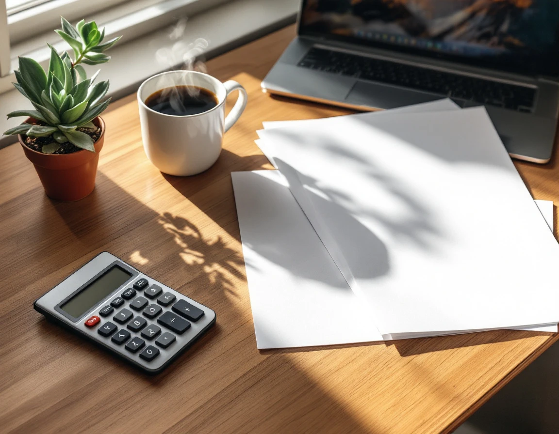 Organized desk workspace with calculator, papers, and coffee representing payroll compliance preparation
