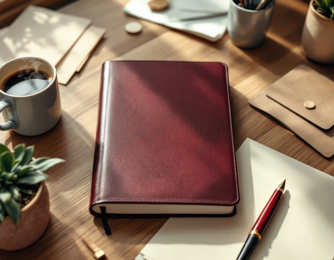 Closed planner on wooden desk with coffee and pen for fourth-quarter payroll preparation