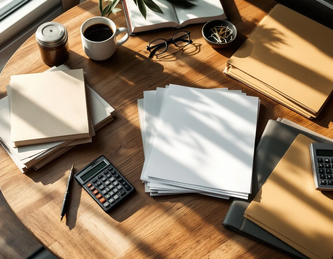 Organized payroll workspace with calculator, folders, and coffee mug on wooden desk during year-end preparation