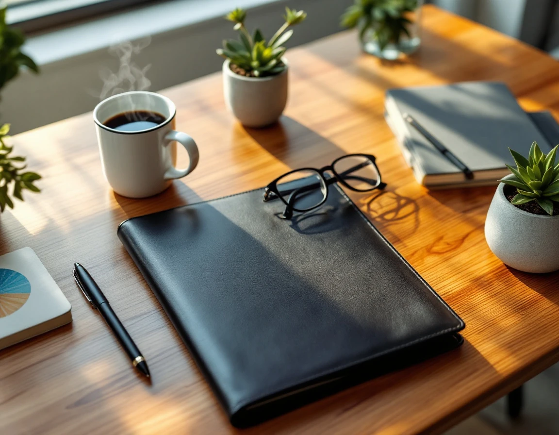 Organized desk workspace with closed portfolio, coffee, and office supplies for year-end payroll planning