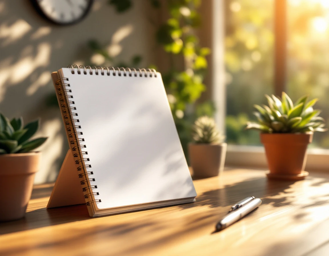 Wooden desk with closed planner, blurred clock, and potted plants in natural morning light
