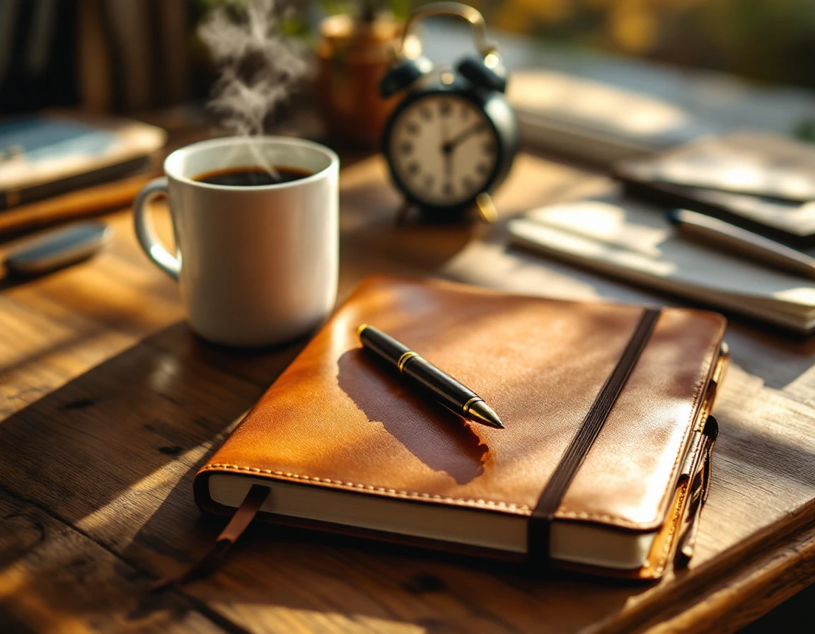Leather planner and coffee on wooden desk with morning sunlight for time management and scheduling