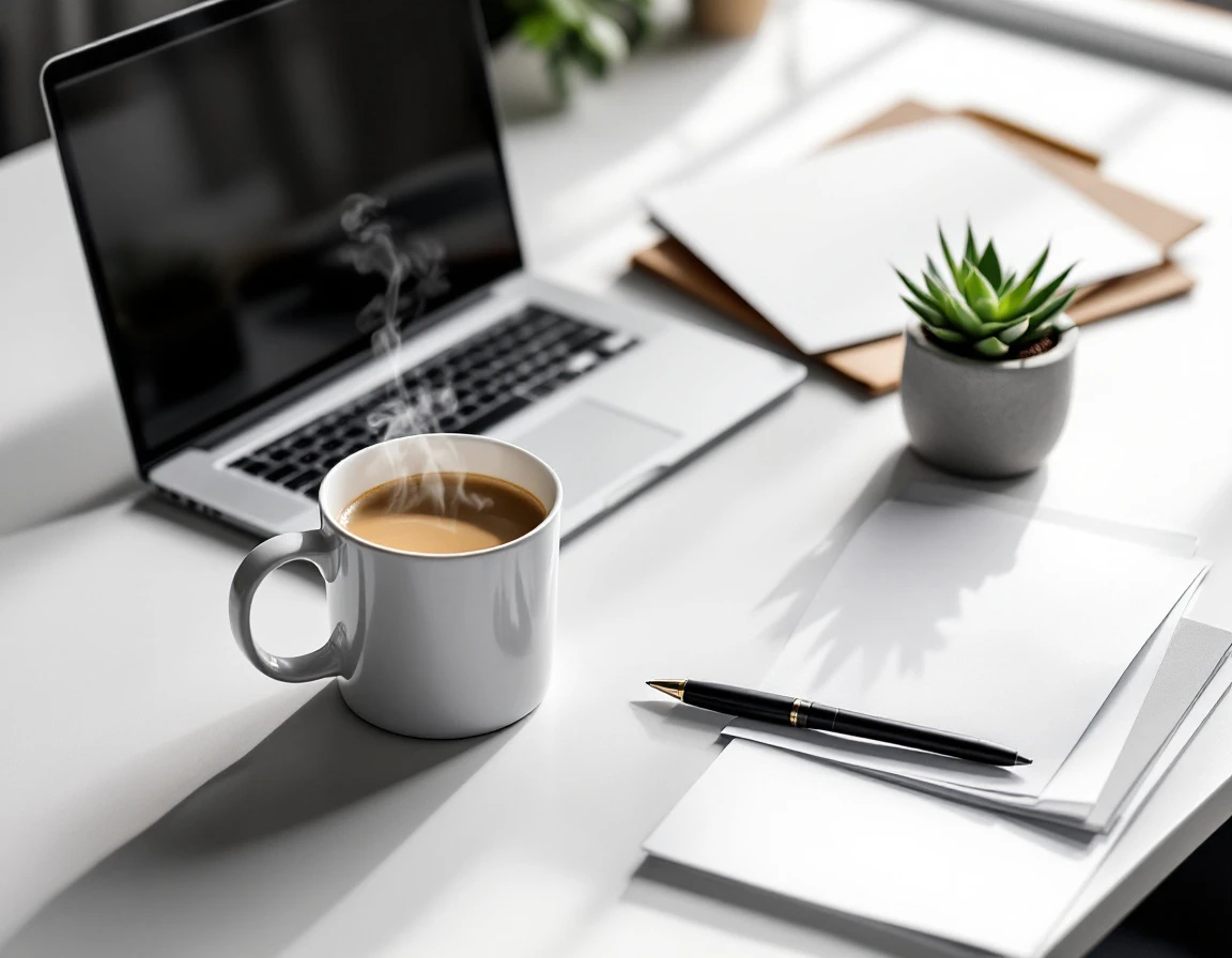 Clean office desk with coffee, laptop, and blank business documents in morning light