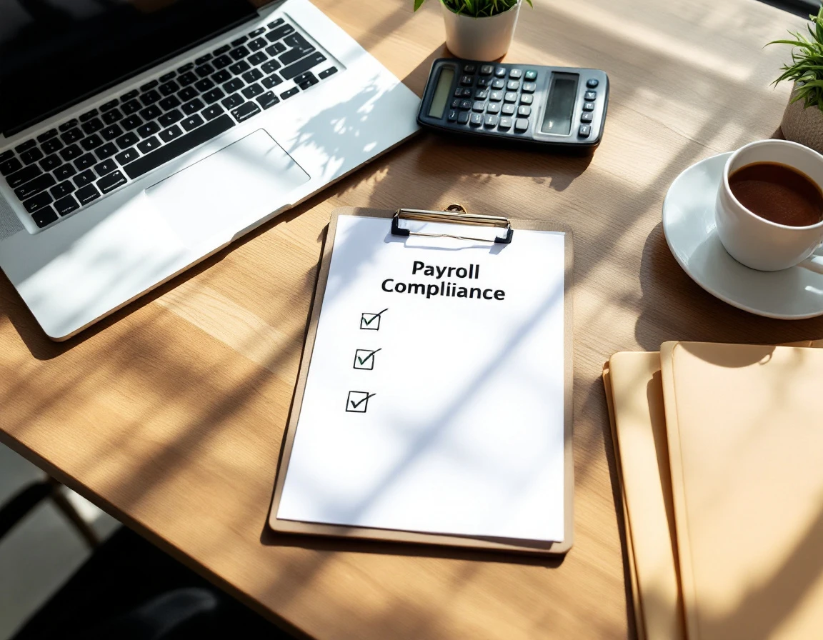 Organized workspace with payroll compliance checklist and documents ready for July implementation